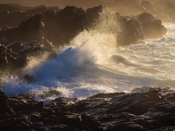 Powerful wave crashing against rocky shore in warm golden light, Gran Canaria