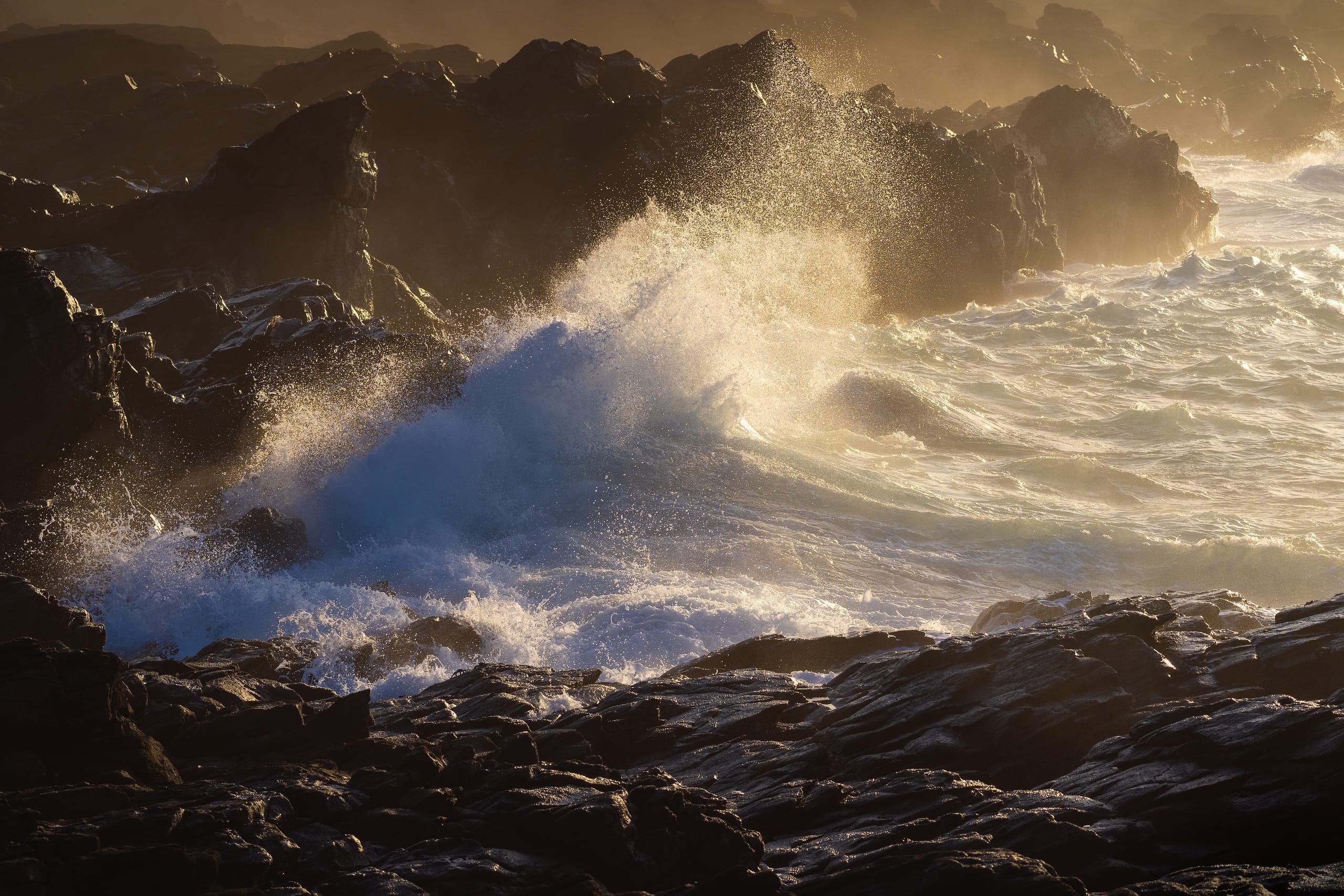 Powerful wave crashing against rocky shore in warm golden light, Gran Canaria